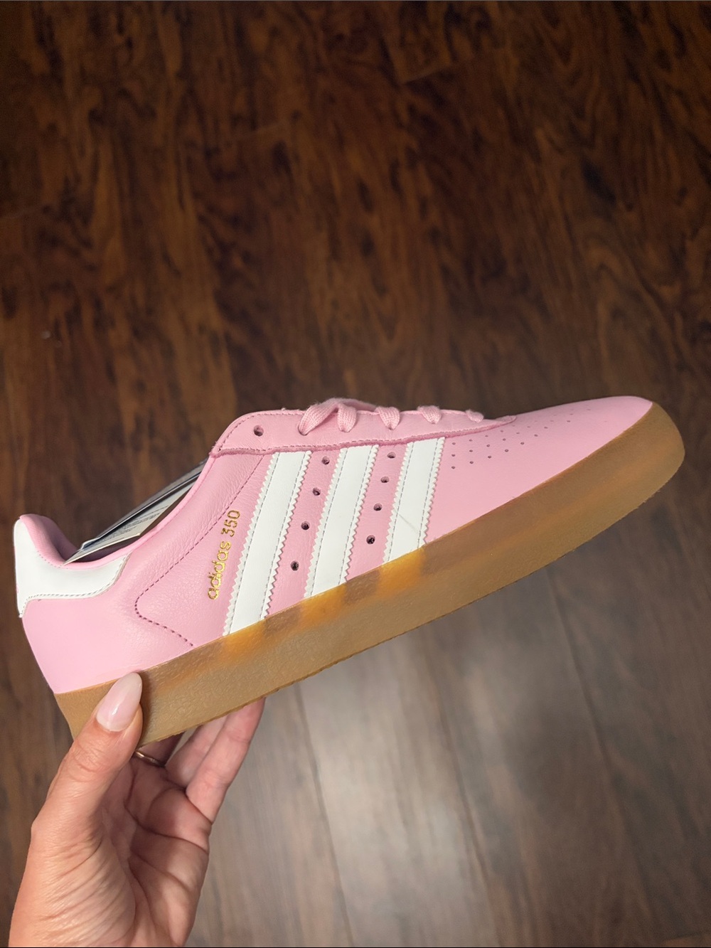 Never Worn Adidas 350 Pink Leather Trainer with White Stripes and Gum Sole